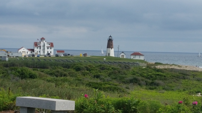 A view of the Point Judith Lighthouse from the Point Judith Fishermens Memorial at Camp Cronin